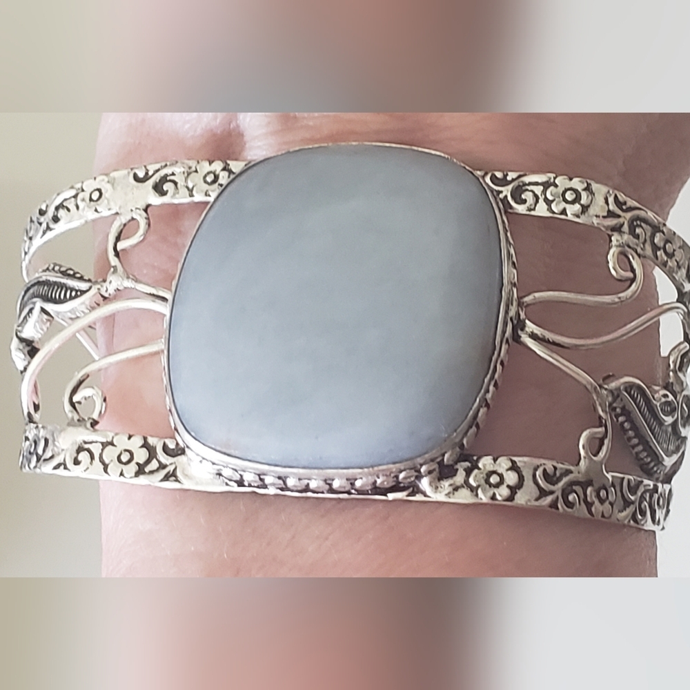 Angelite Gemstone Adjustable 925 Stamped Silver Bracelet, New, Grey Blue, Handmd - Picture 10 of 13